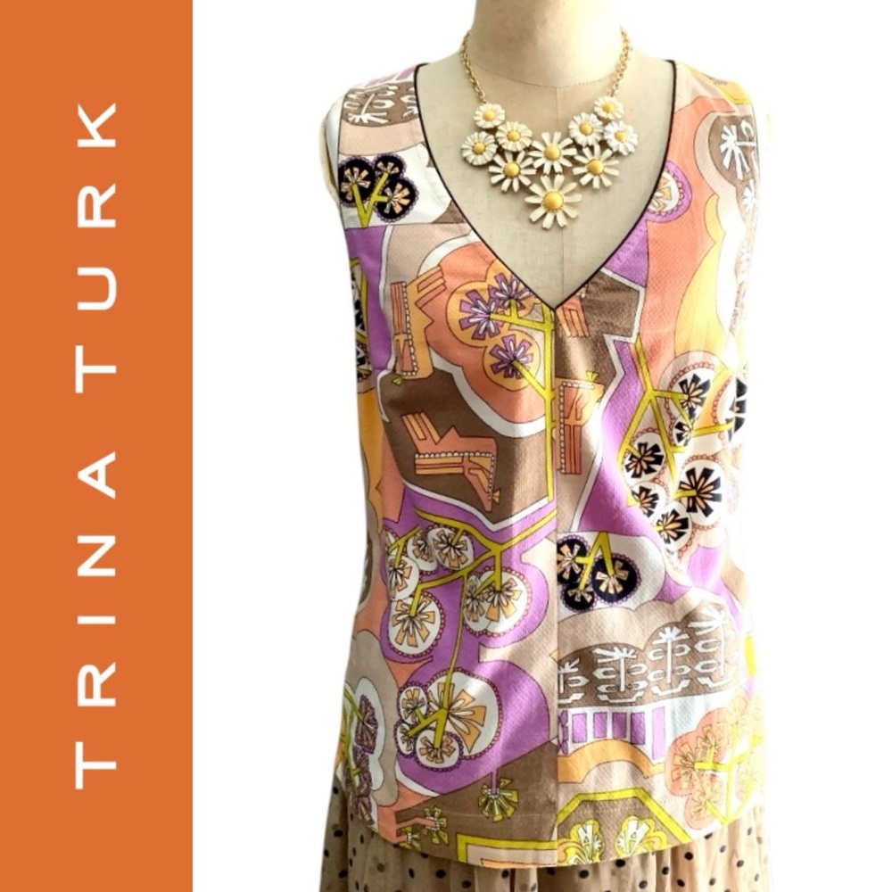 Trina Turk Corbin sleeveless top, vibrant retro-inspired geometric pattern- S